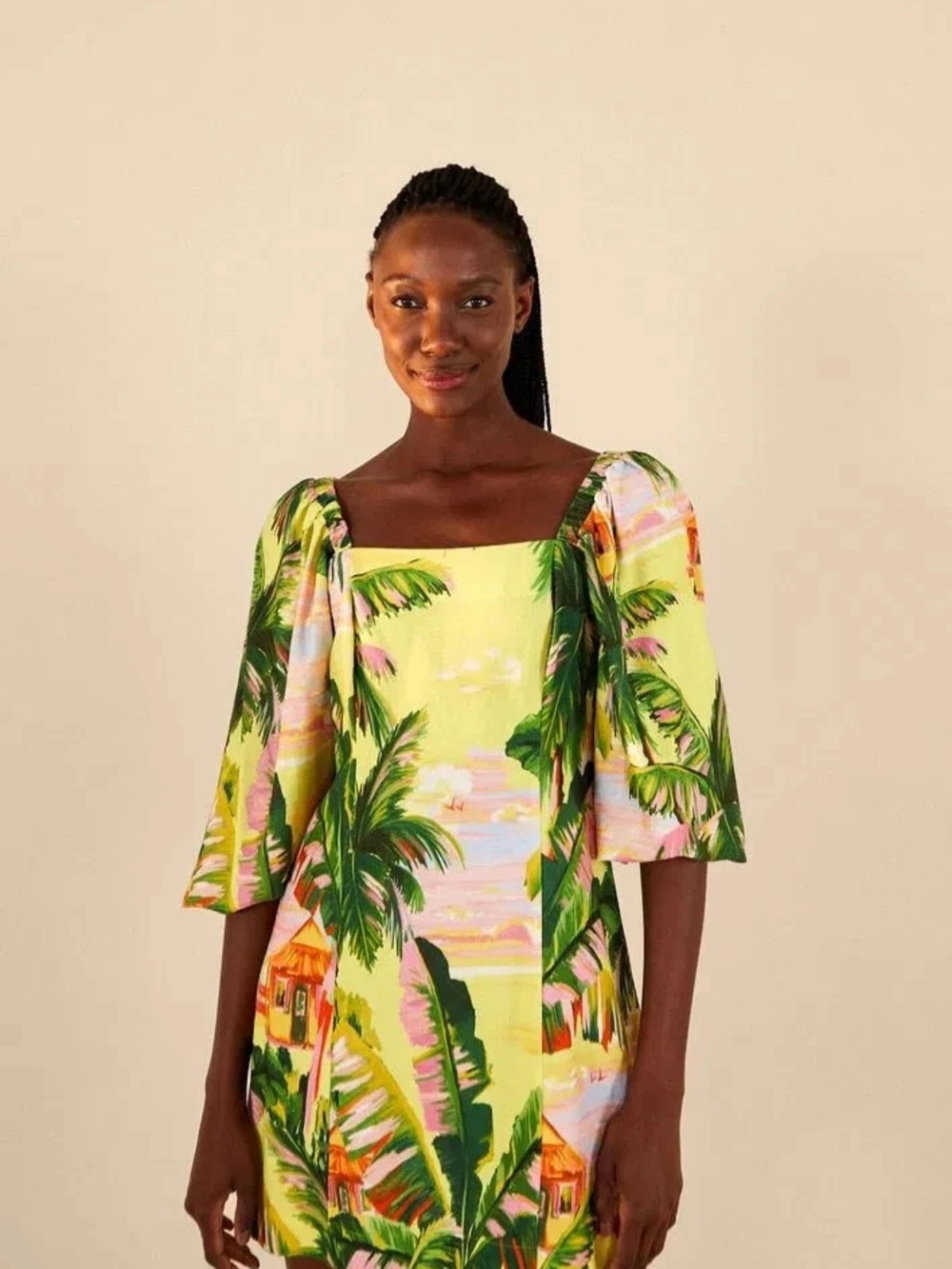 Tropical Square Neck Midi Dress in Lemon Palm Print Farm Rio NWOT
